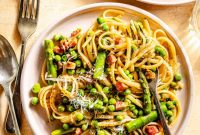 Spring Spaghetti Carbonara with Peas and Asparagus