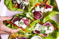 Seared Tuna Lettuce Cups with Creamy Wasabi Aioli