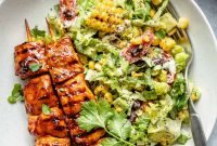 BBQ Chicken Skewer Salad with Charred Corn and Lime Dressing