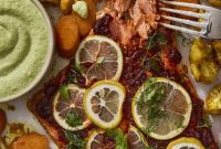 Sheet Pan Harissa Salmon with Roasted Veggies and Cashew Crema