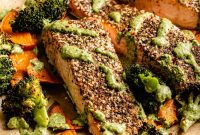 Sheet Pan Salmon with Roasted Vegetables and Creamy Zhoug Sauce