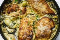 Skillet Chicken Orzo with Spinach and Artichokes