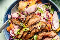 Korean BBQ Skirt Steak with Shaved Vegetable Salad