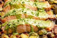 Sheet Pan Green Goddess Salmon with Bacon Brussels Sprouts