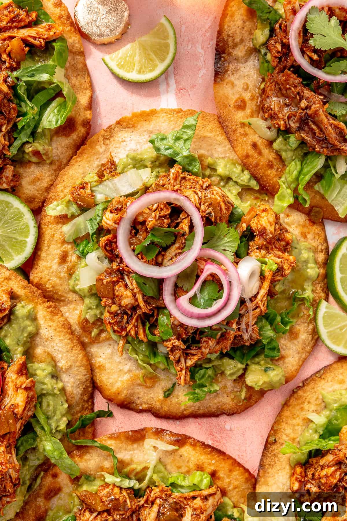 Close up of Easy Rotisserie Chicken Tostadas with Quick Pickled Onions. 