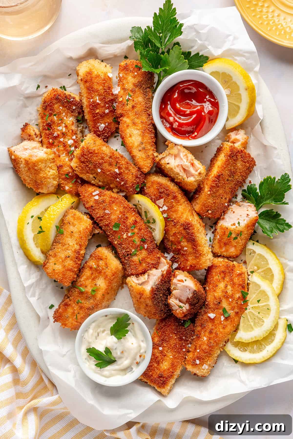 Easy Crispy Salmon Fish Sticks on a platter with sides of ketchup and tartar sauce.