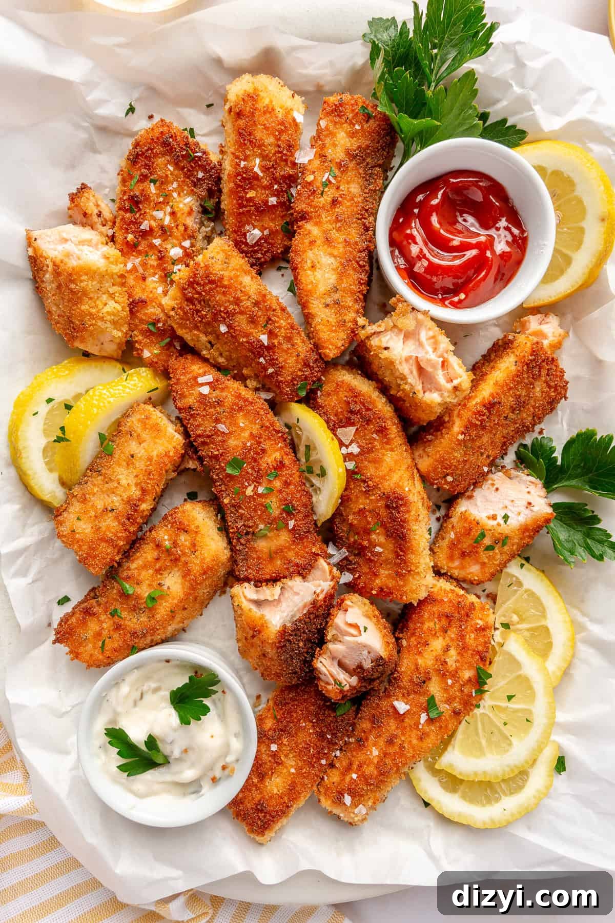 Easy Crispy Salmon Fish Sticks on a platter with sides of ketchup and tartar sauce.