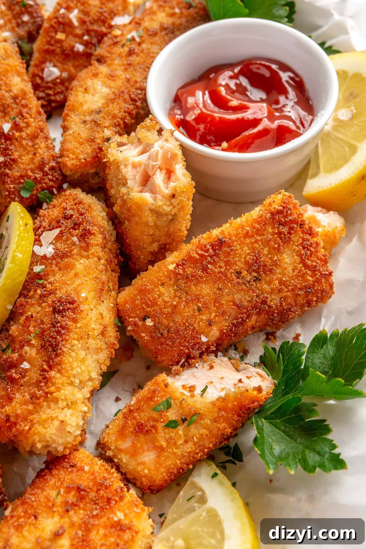 Close up of Easy Crispy Salmon Fish Sticks on platter. Lemon slices, parsley, and ketchup on side.