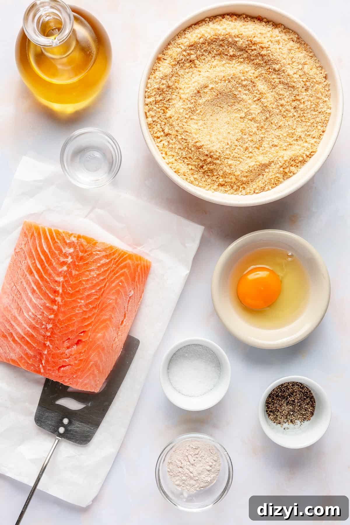 Ingredients for Easy Crispy Salmon Fish Sticks on counter.