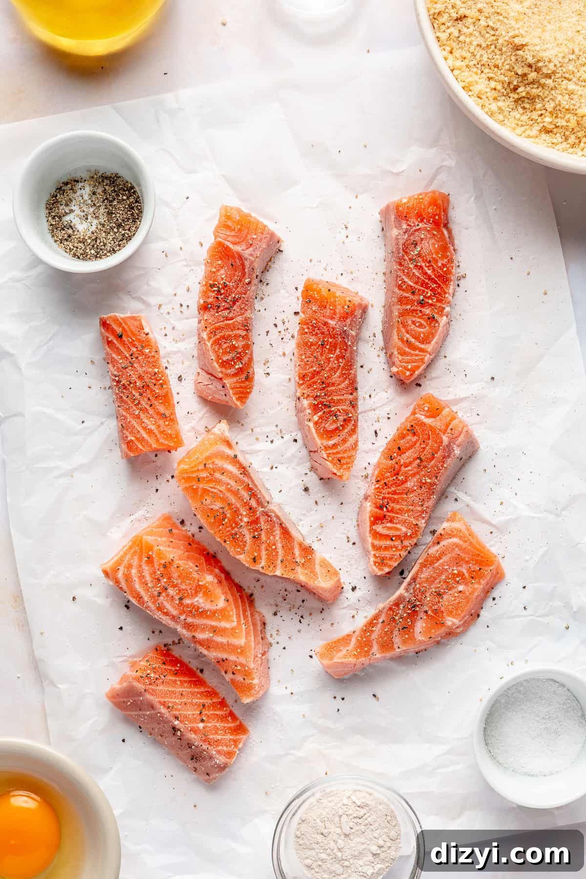 Salmon sticks seasoned on piece of parchment paper.