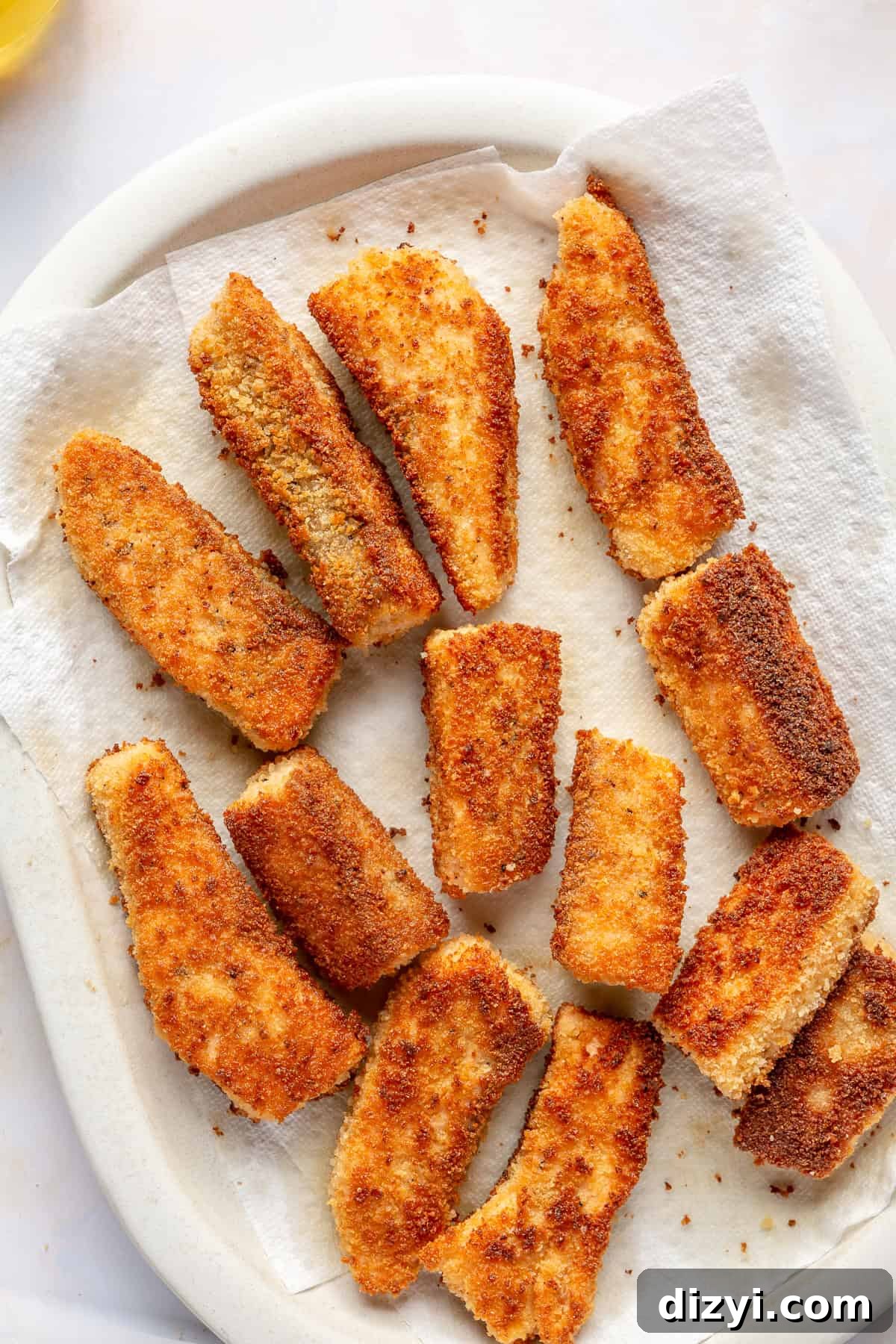 Salmon sticks crisped and on paper towel-lined plate.