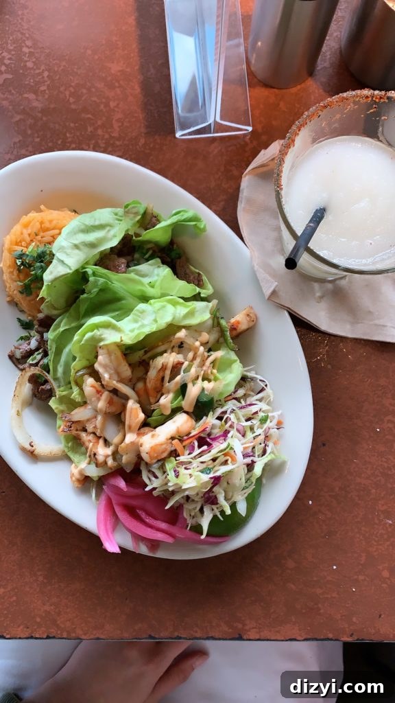 Lettuce wrapped tacos and margarita from Mesero.