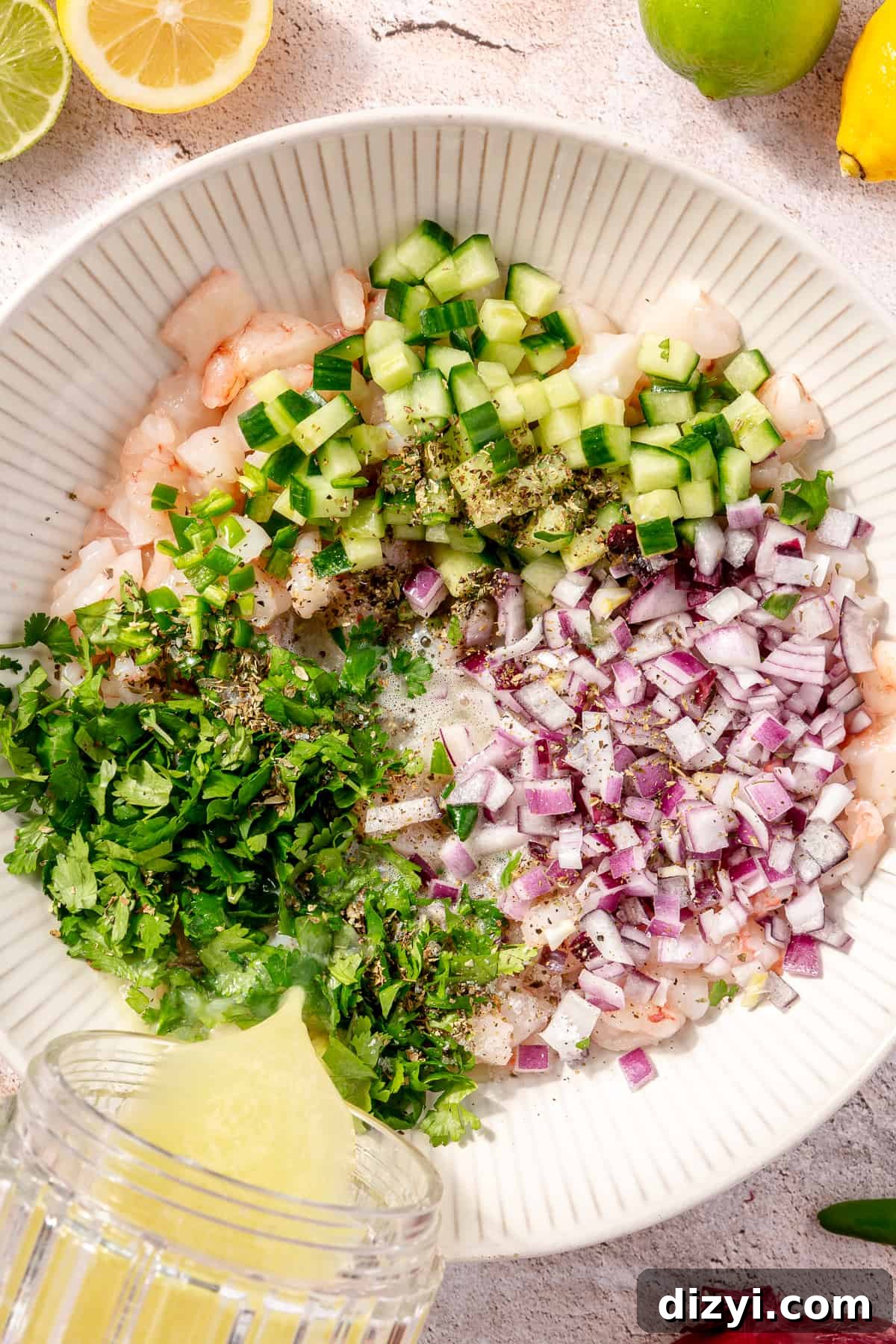 Shrimp Ceviche ingredients in large bowl before it is mixed.