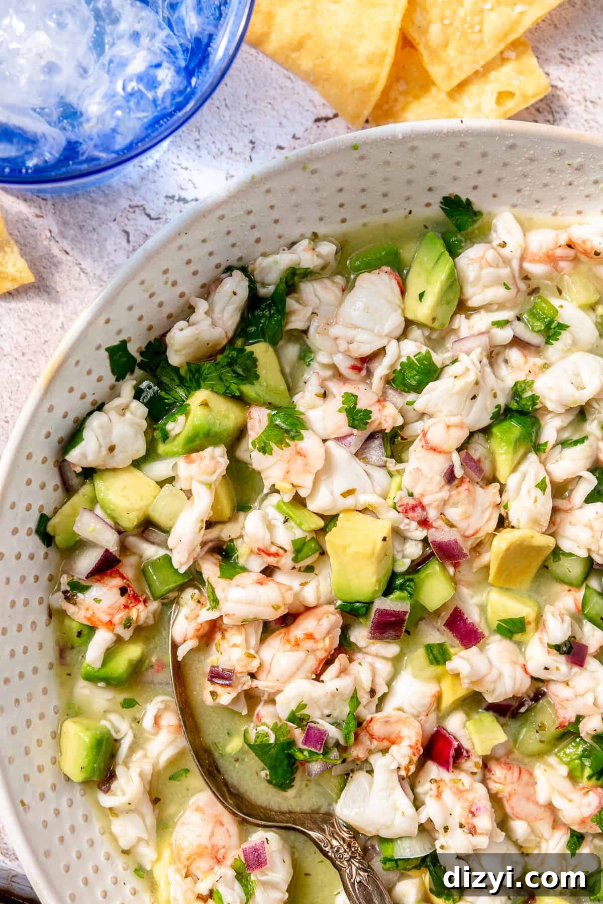 Close up of Shrimp Ceviche in white dotted bowl.