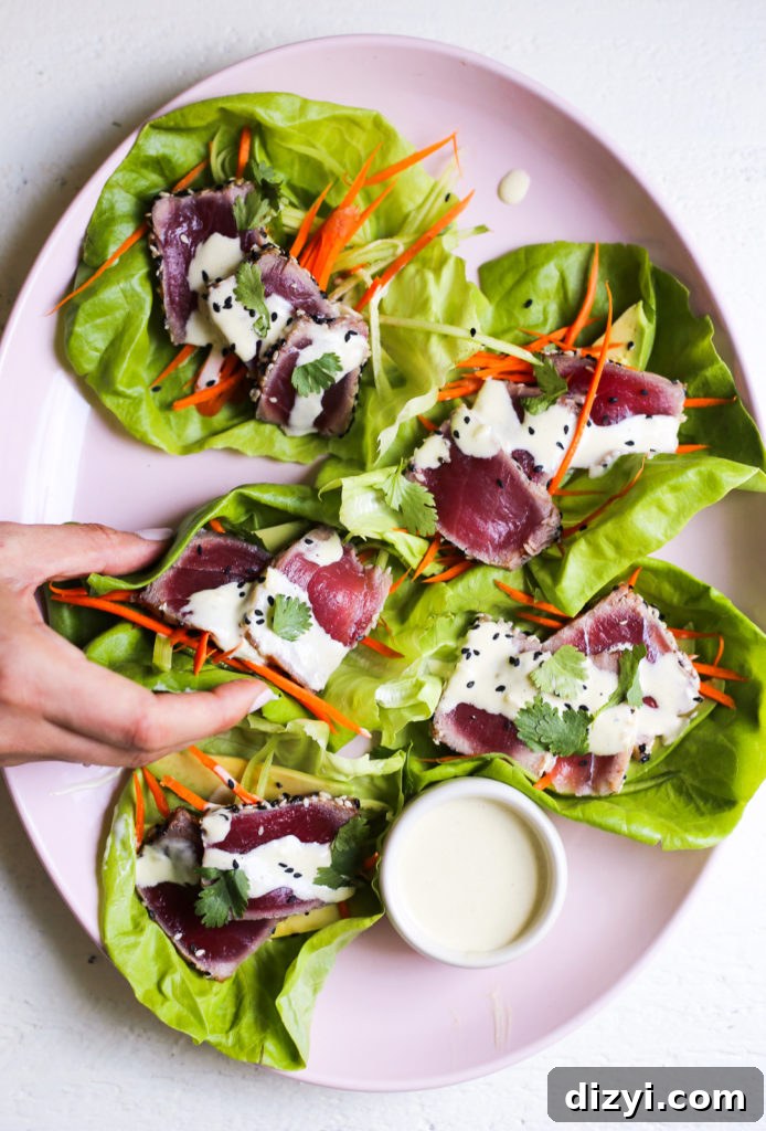 Seared Tuna Lettuce Cups with Creamy Wasabi Aioli 2 Seared Tuna Lettuce Cups
