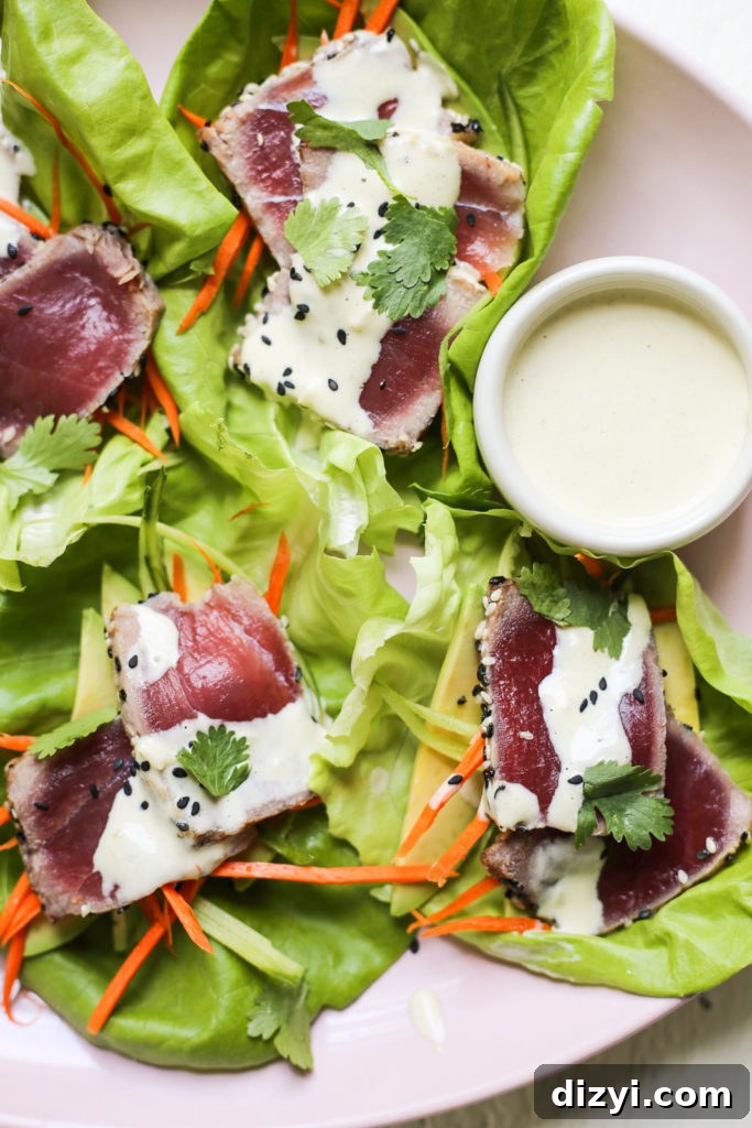 Seared Tuna Lettuce Cups with Creamy Wasabi Aioli 4 Seared Tuna Lettuce Cups