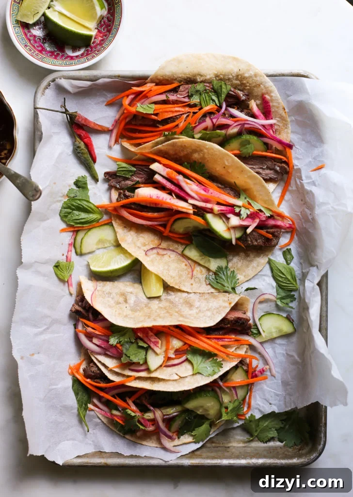 Grilled Vietnamese-style steak tacos with lime and fish sauce slaw