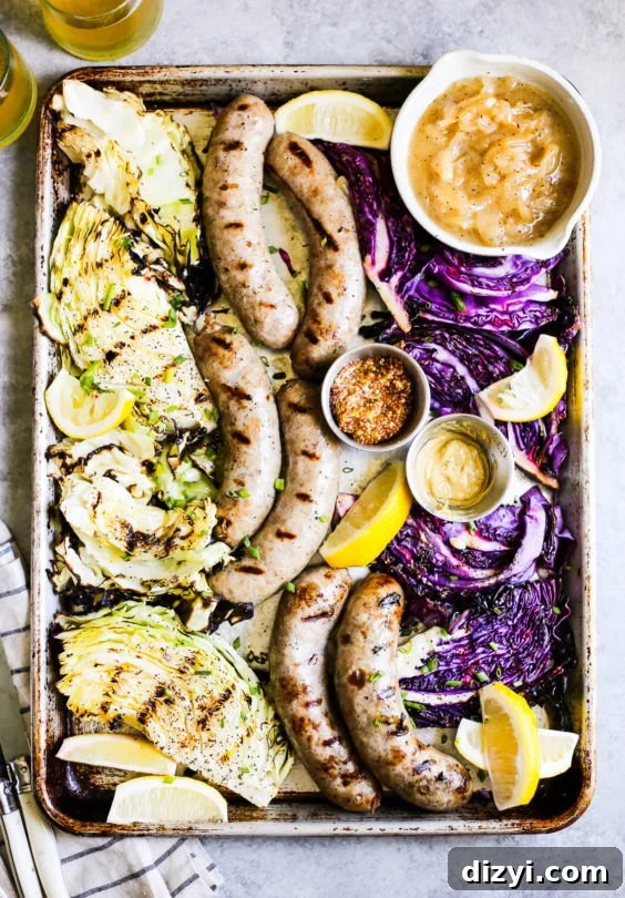 Beer Bratwursts with Onions and Grilled Cabbage