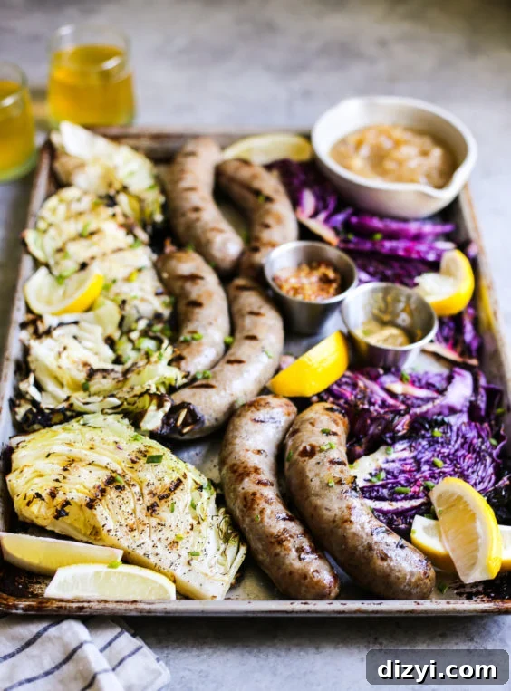 Beer Bratwursts with Onions and Grilled Cabbage