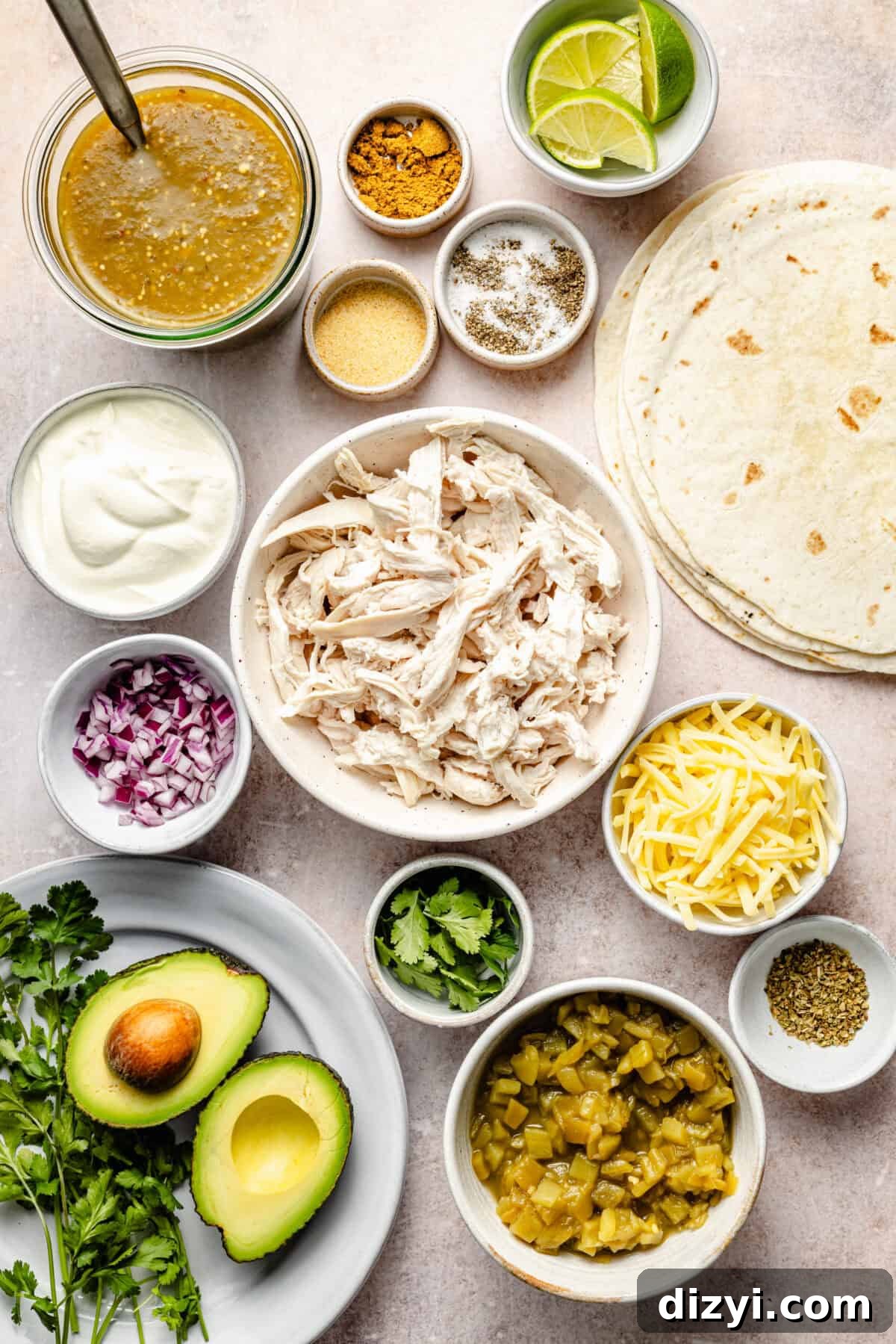 Creamy Green Chile Chicken Enchiladas 3 a flat lay of ingredients needed to make chicken enchiladas