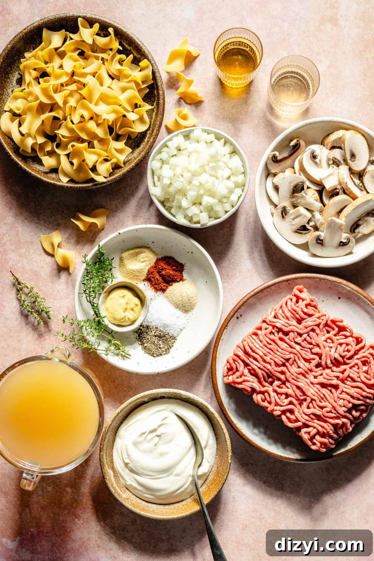 One-Pot Beef Stroganoff with Ground Beef 3 ingredients for one-pot hamburger helper beef stroganoff including ground beef, egg noodles, mushrooms, onions, and spices