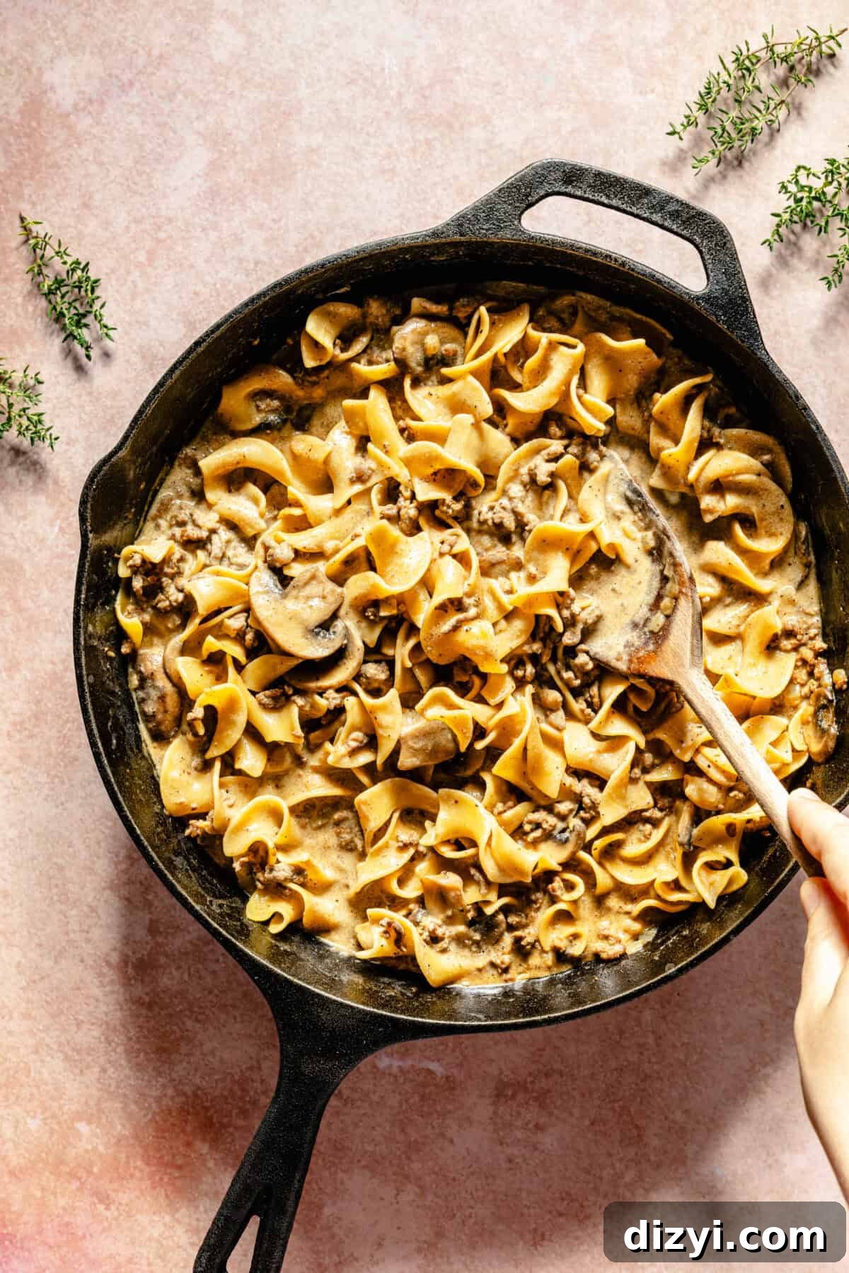 One-Pot Beef Stroganoff with Ground Beef 5 egg noodles, ground beef, and mushrooms in a creamy sauce