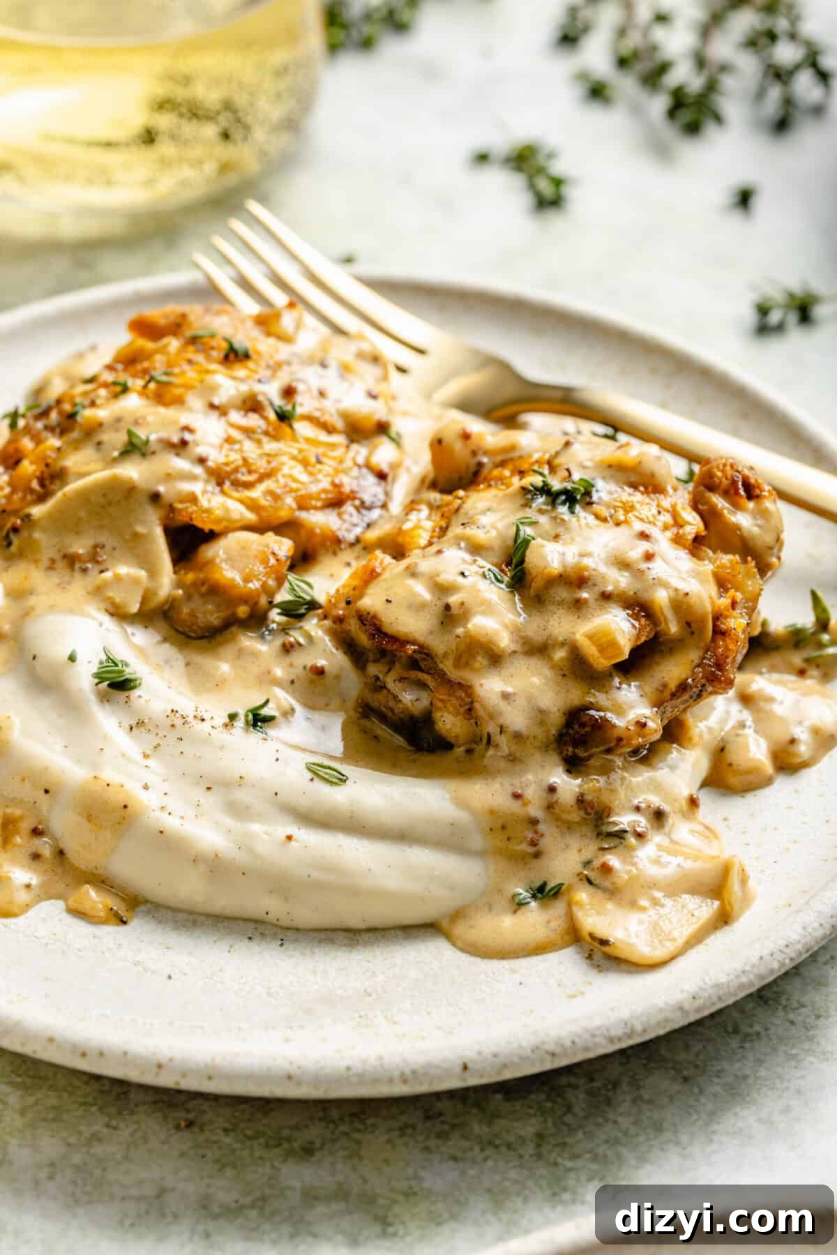 French Chicken with Creamy Mustard-White Wine Sauce on a plate with mash.