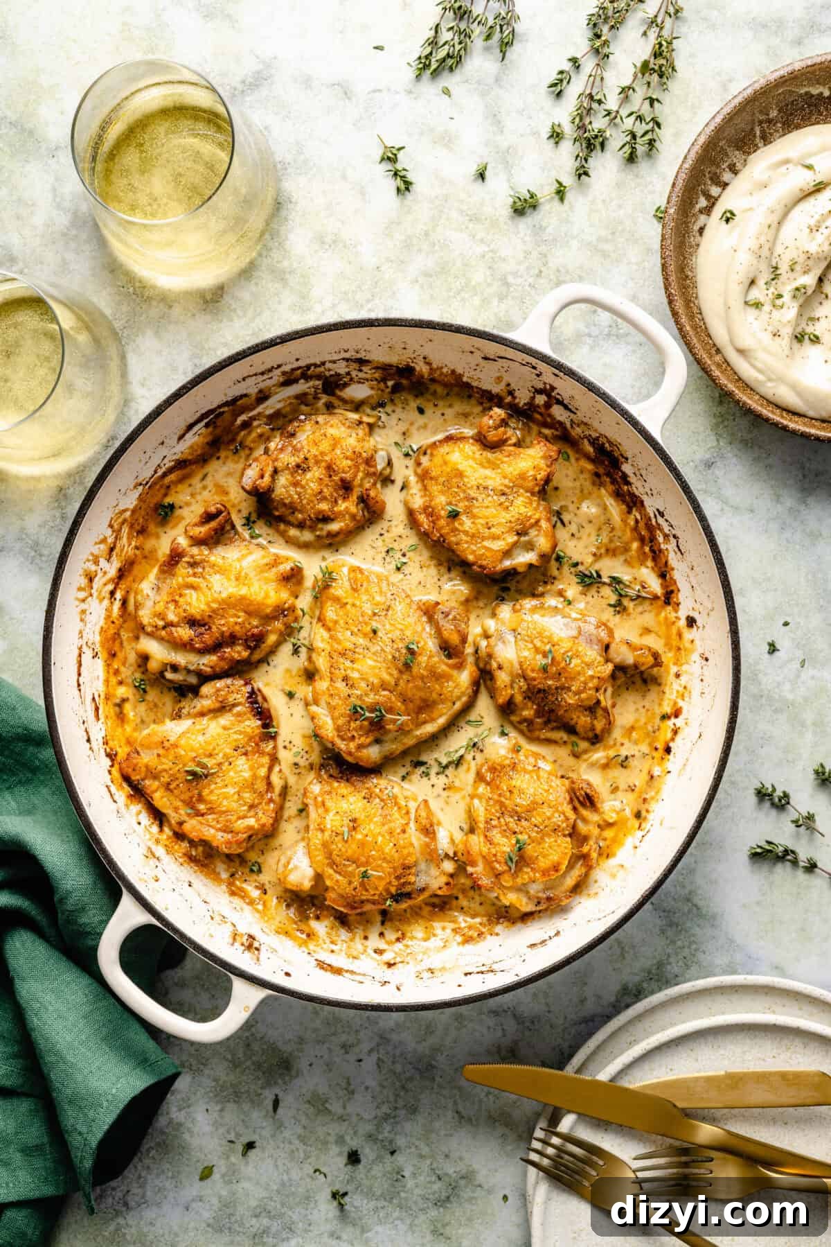 French Chicken with Creamy Mustard-White Wine Sauce complete in skillet.