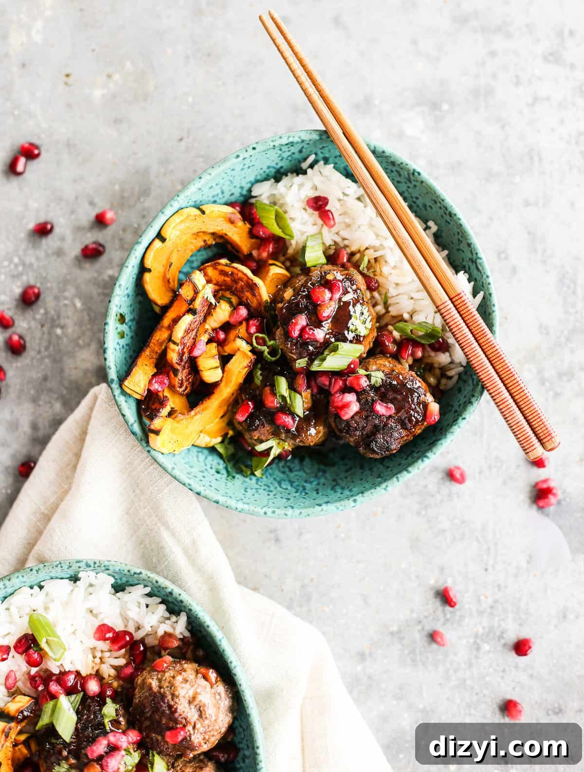 Sticky Pomegranate-Glazed Meatball Bowls Recipe 2 Sticky Pomegranate Meatball Bowls