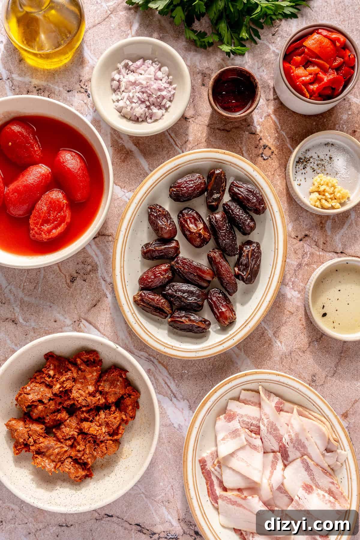 Crispy Bacon-Wrapped Dates Stuffed with Chorizo 4 All of the ingredients needed to make Chorizo-Stuffed Bacon-Wrapped Dates in dishes on a counter.