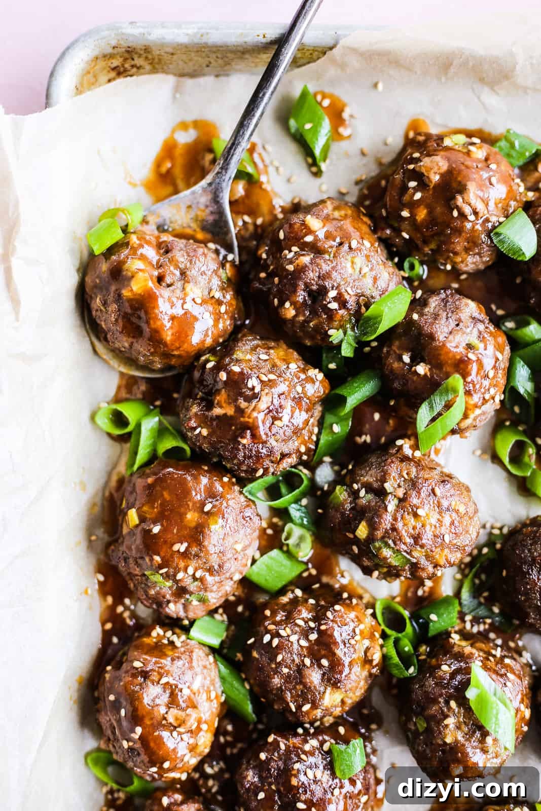 Baked Mongolian Beef Meatballs on a serving plate