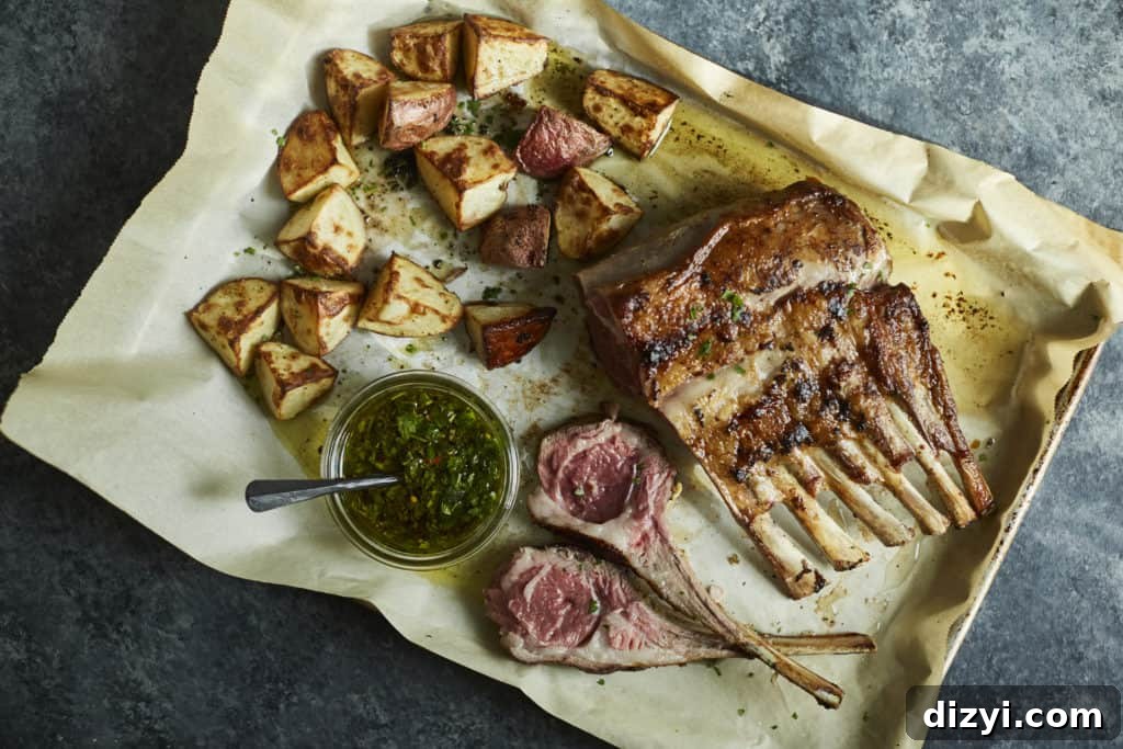 sheet pan rack of lamb with potatoes and mint chimichurri