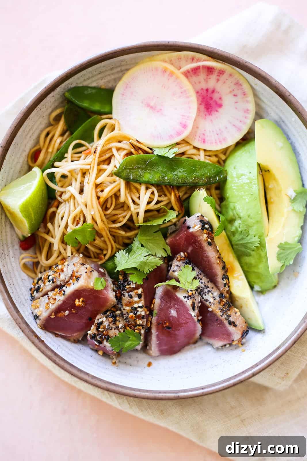 seared tuna and soba noodle stir fry bowls