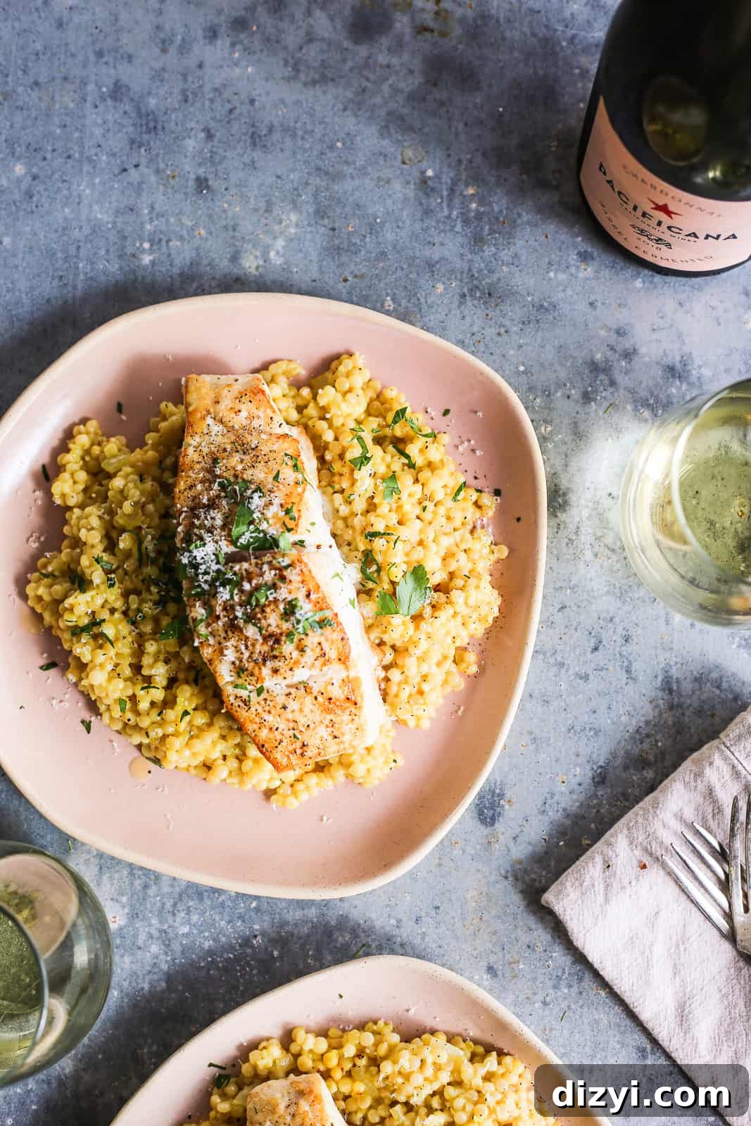 Israeli Couscous Milanese with Seared Halibut