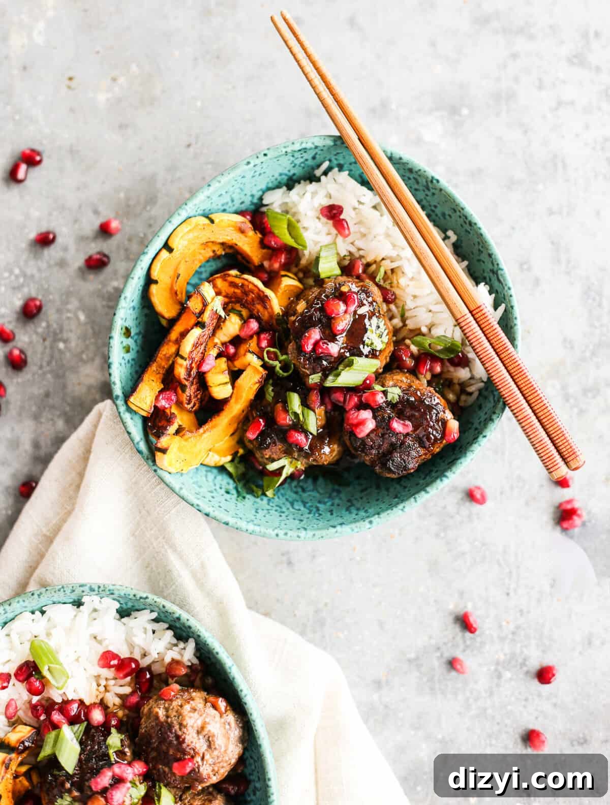 sticky pomegranate meatball bowls