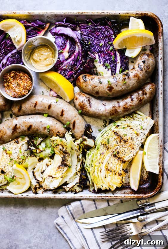 Beer Bratwursts with Onions and Grilled Cabbage