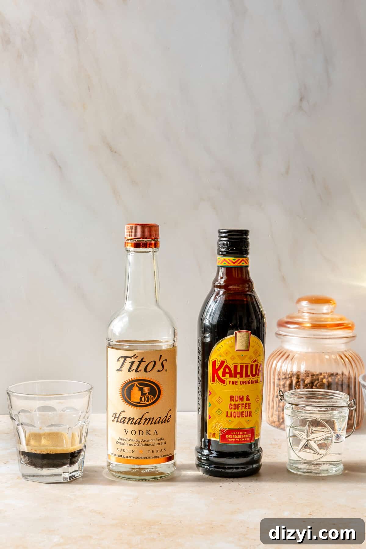 Espresso Martini ingredients lined up.