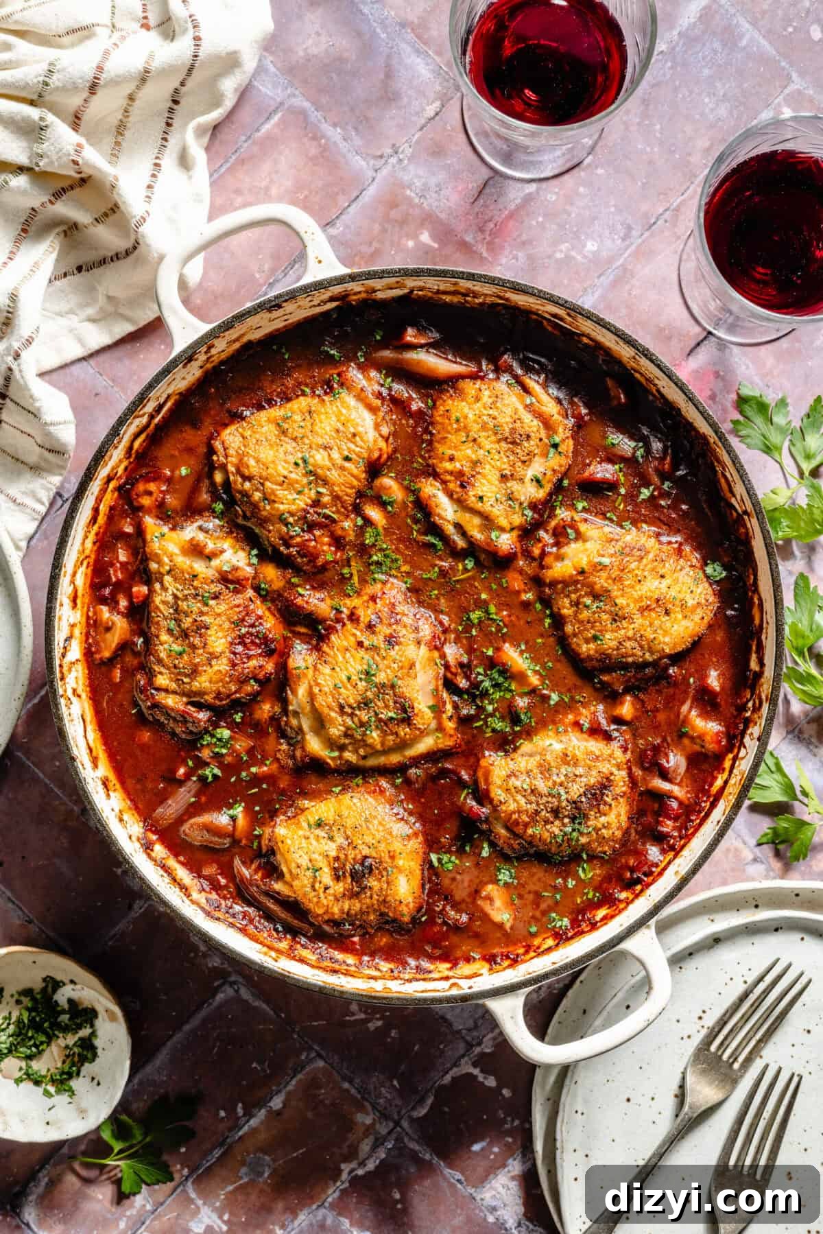 Coq Au Vin cooked in braiser.