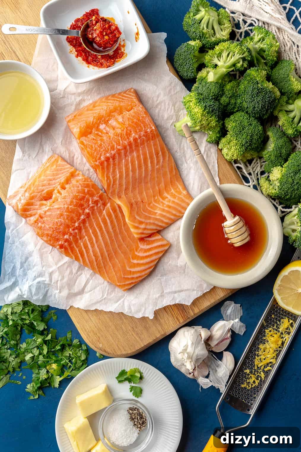 Sheet Pan Salmon + Broccoli with Harissa-Honey-Butter Drizzle
