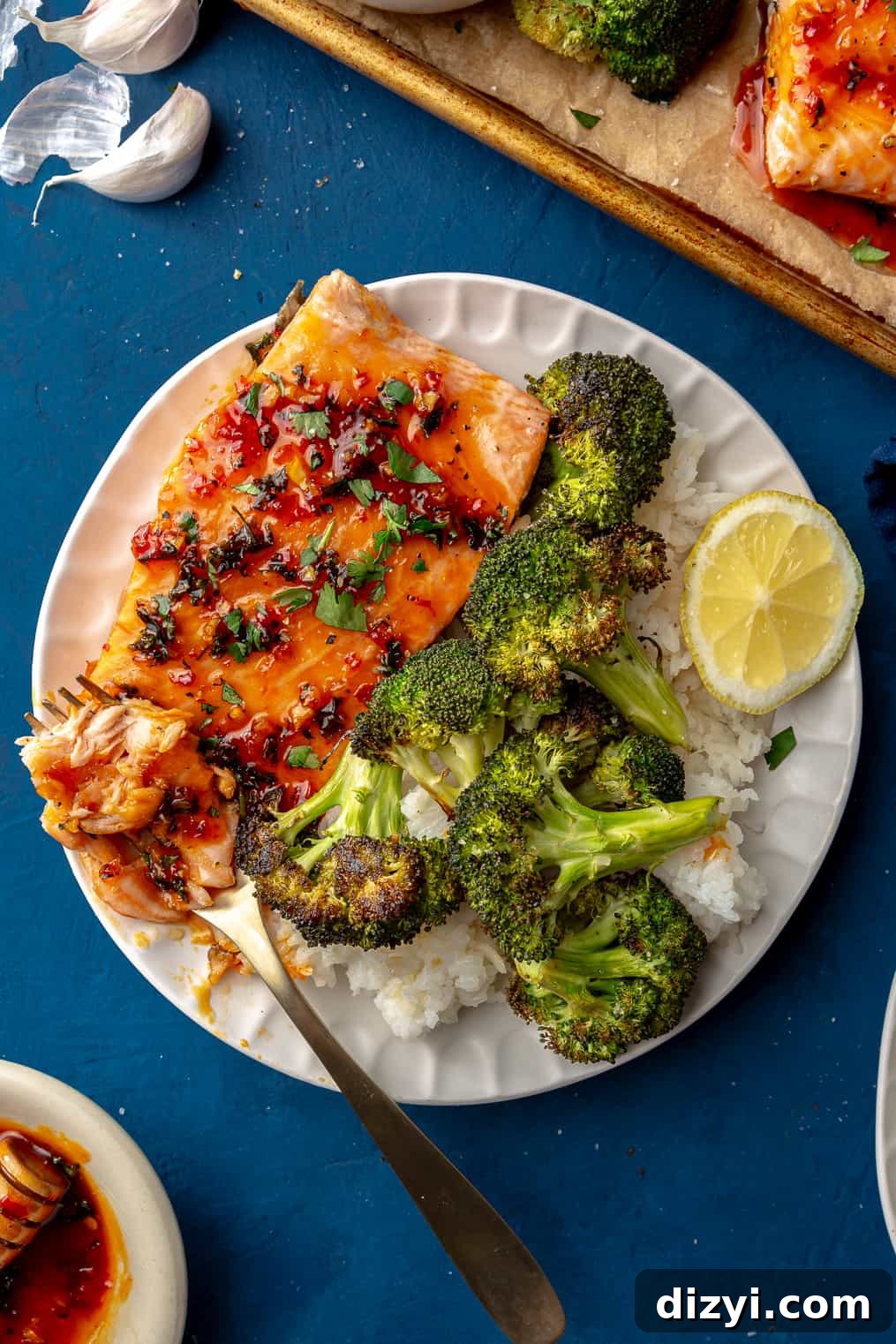 Sheet Pan Salmon + Broccoli with Harissa-Honey-Butter Drizzle