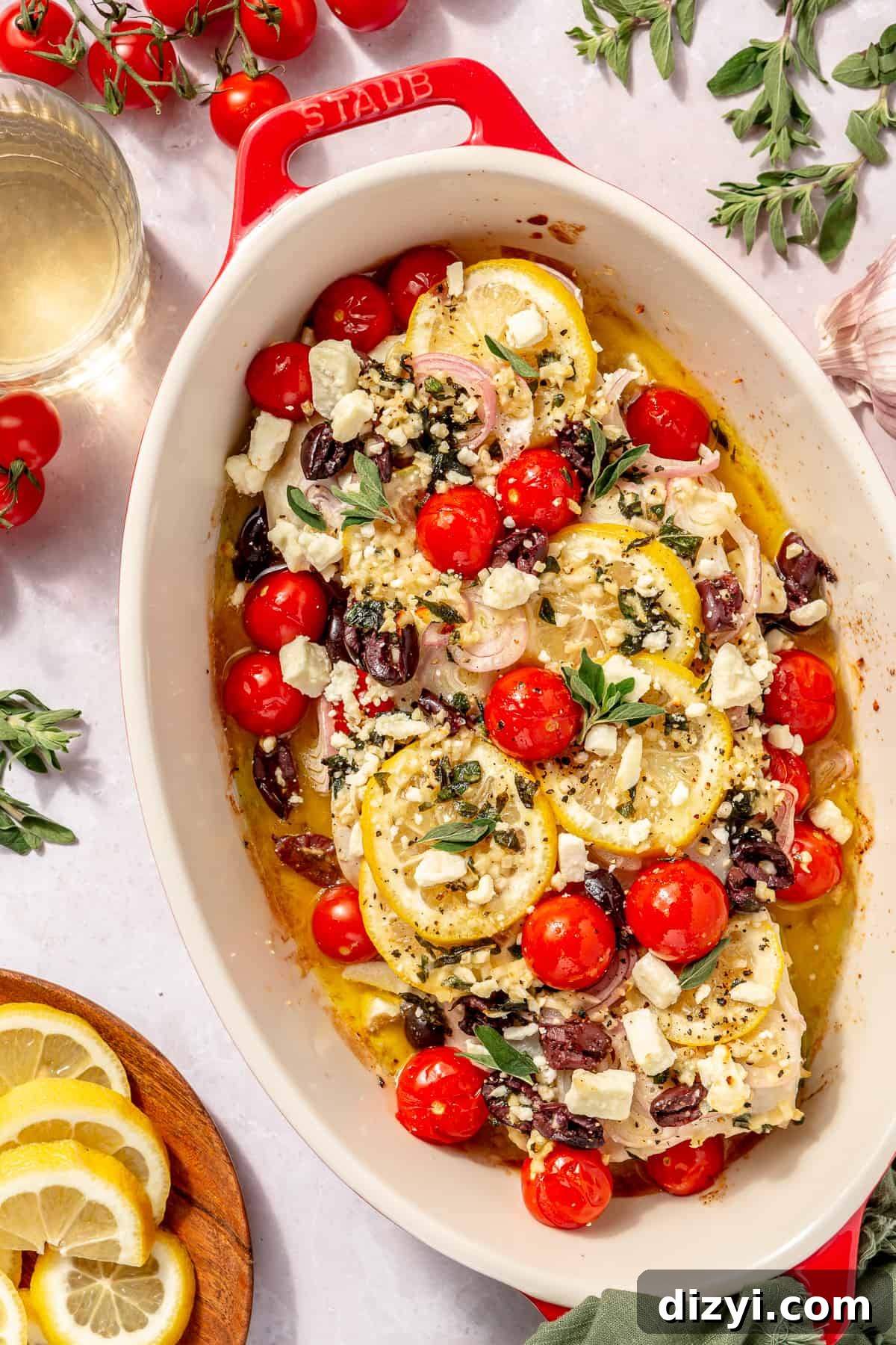 Oven-Baked Greek-Inspired Halibut in oval baking dish.