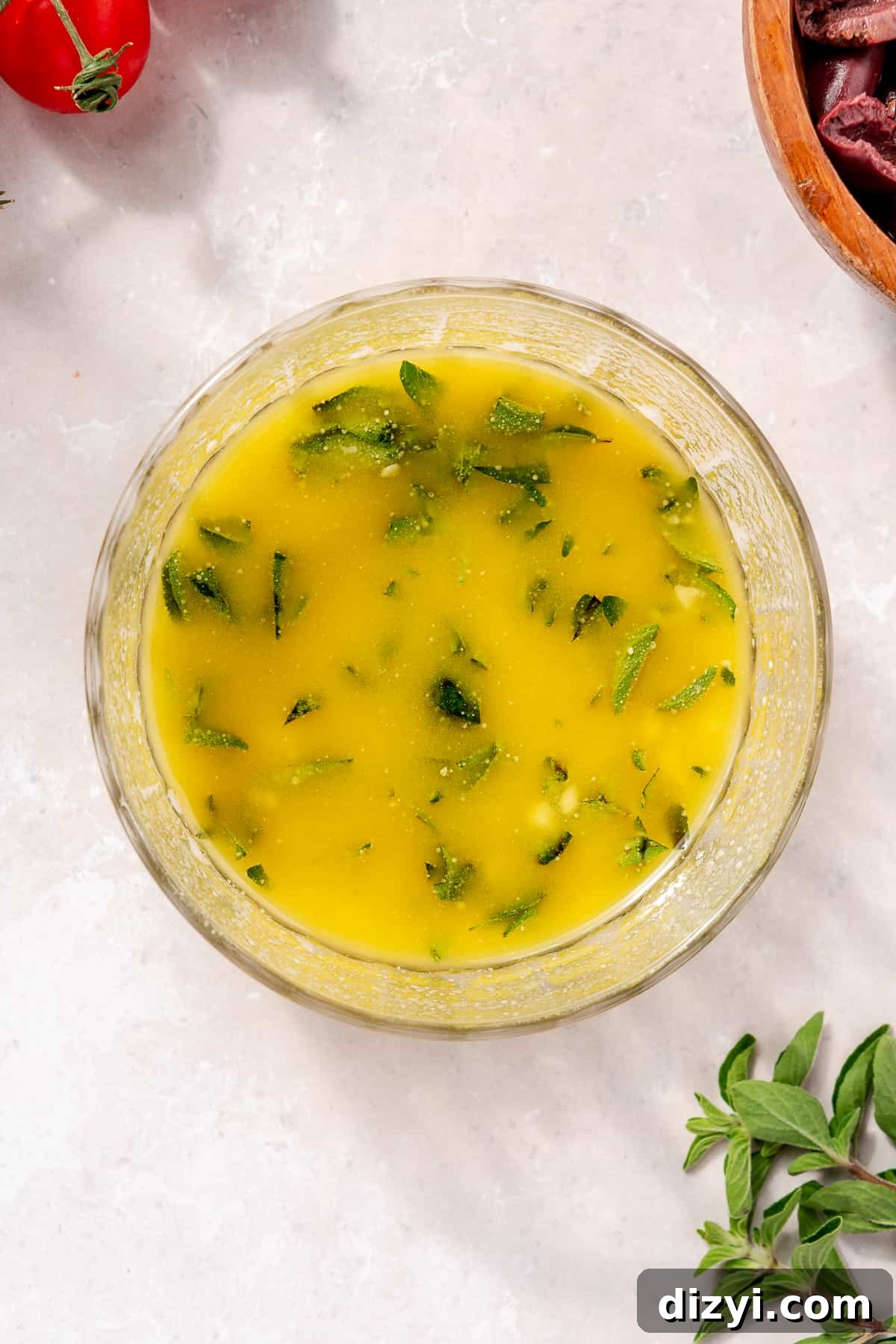 Olive oil mixture in small bowl.