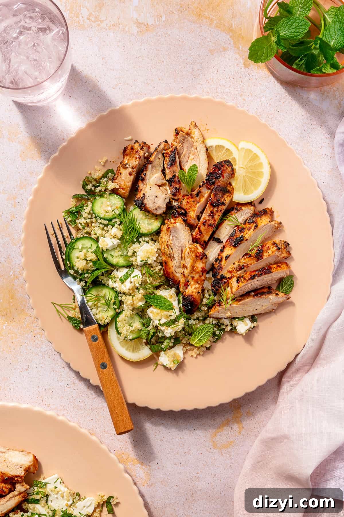 Harissa-Yogurt Marinated Chicken with Cucumber-Quinoa Salad in pink bowl. Second bowl peaking in.