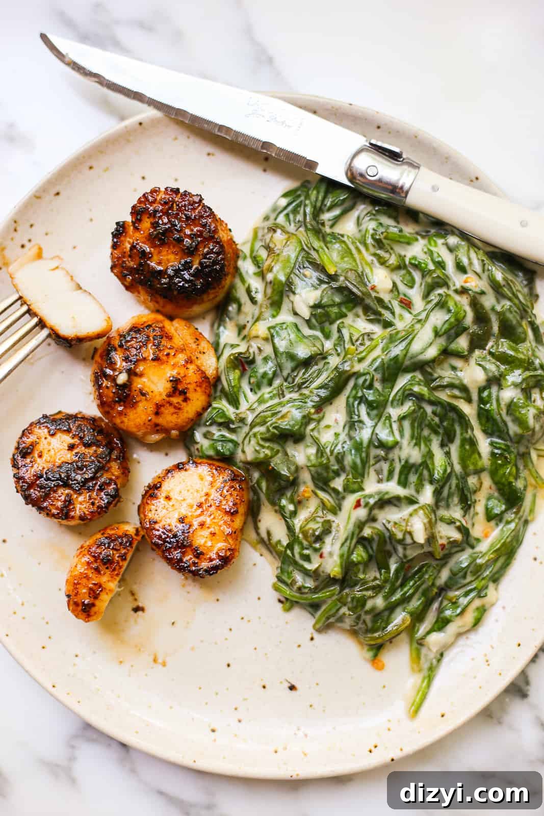 Blackened Scallops with Dairy Free Creamed Spinach Recipe 2 Blackened Scallops with Dairy-Free Creamed Spinach