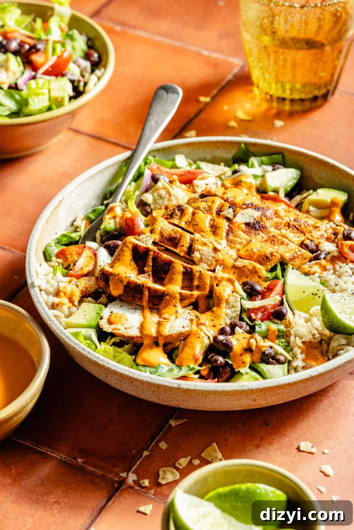 Santa Fe Chicken Bowl on tile background.