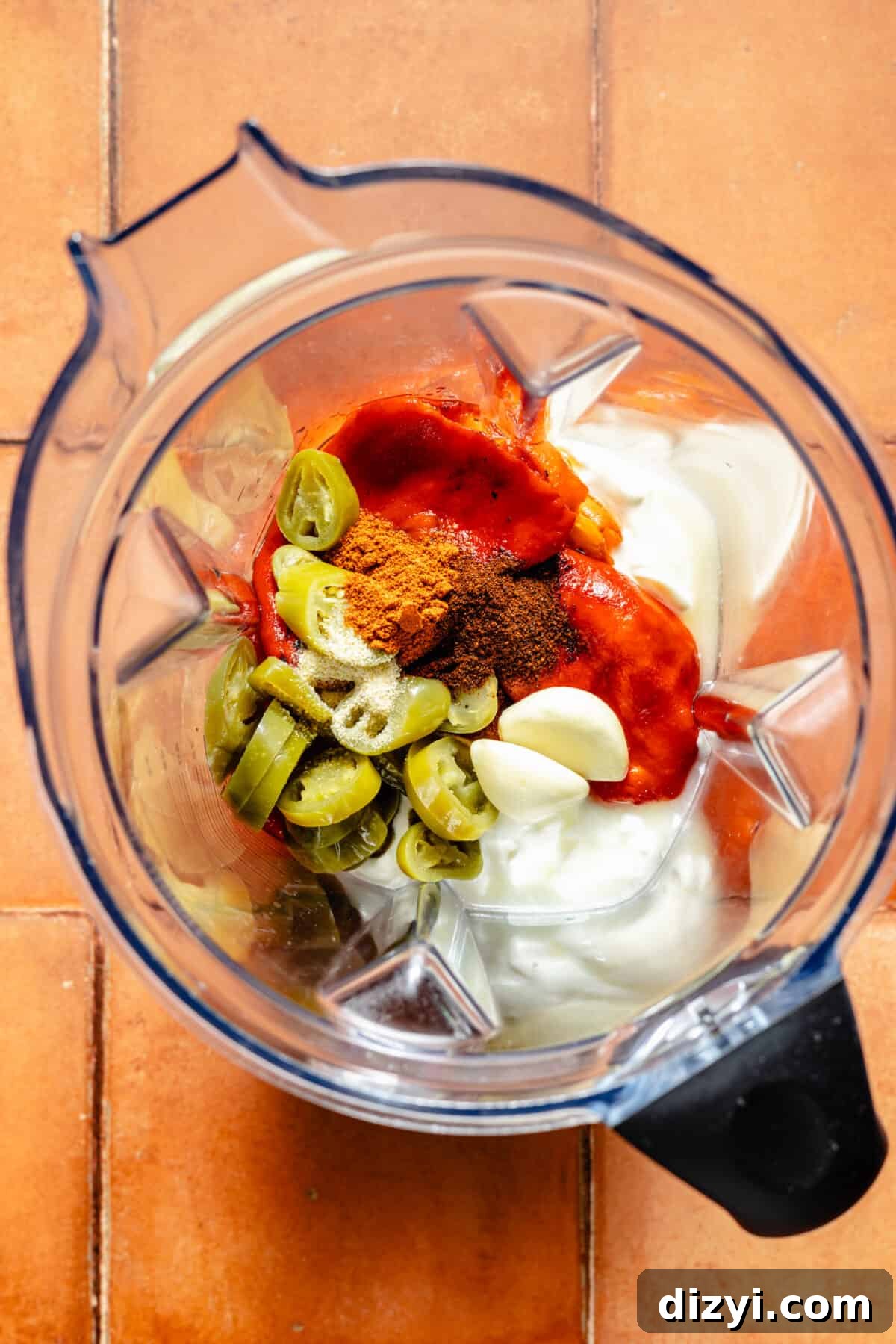 Santa Fe sauce ingredients in blender before it is blended.