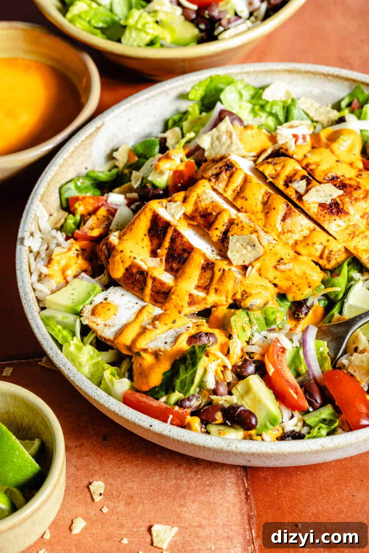 Santa Fe Chicken Bowl on tile background.