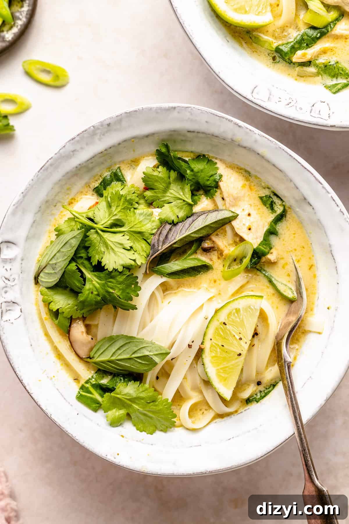 Chicken noodle soup in small white stoneware bowl and topped with lots of herbs.