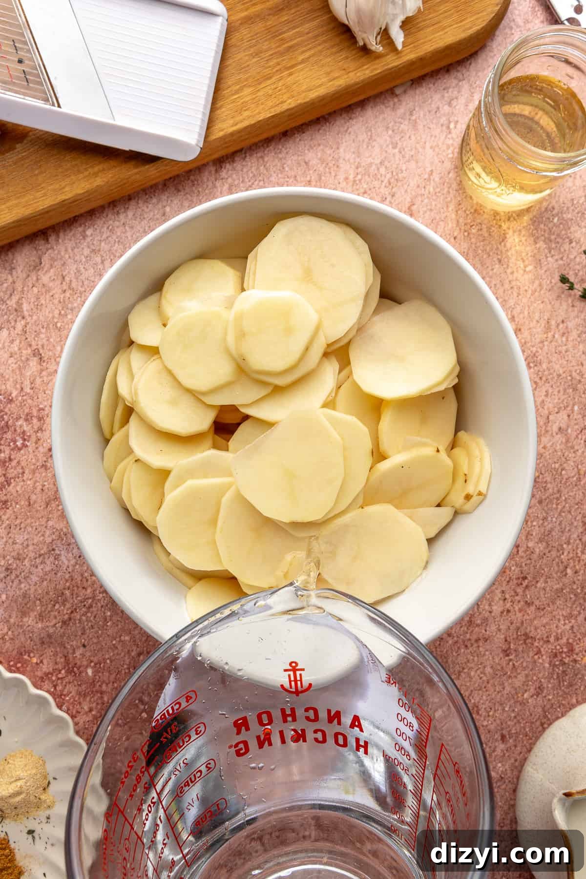 Creamy Scalloped Potatoes with Caramelized Onions 5 Sliced potatoes in a large white bowl. Water being poured into it.