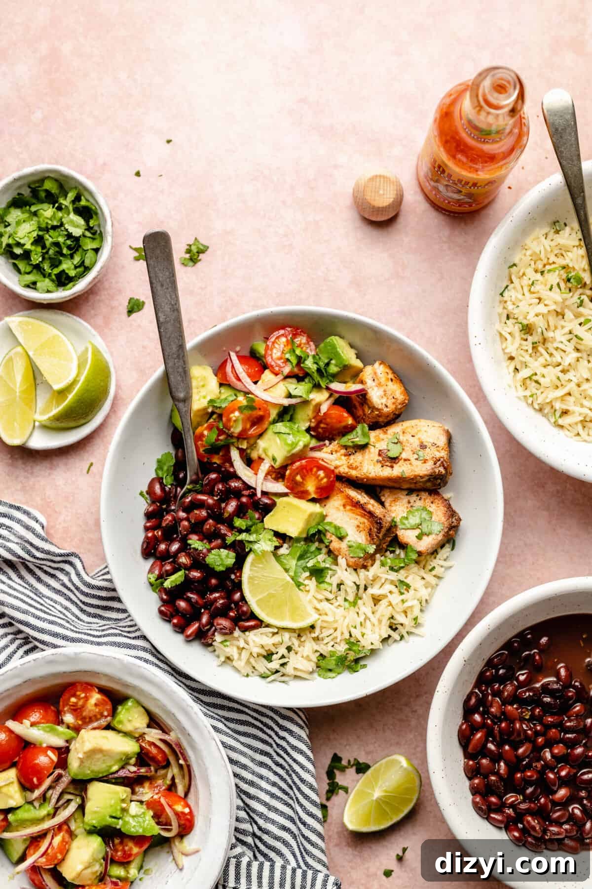 Fish Burrito Bowls - grilled fish with rice, beans, slaw and avocado